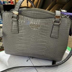 Guess Lyndi Small Triple Compartment Girlfriend Satchel Purse Grey Croc Exc Cond - Picture 1 of 4