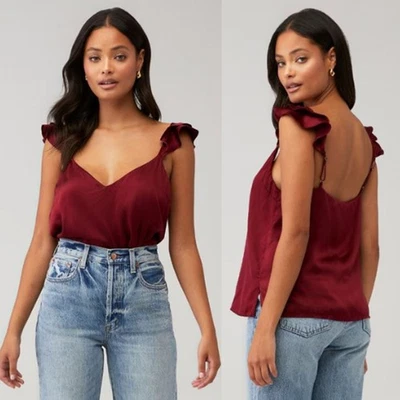 Cami NYC Volantes Correas Cuello en V 100% Seda Camisola Borgoña Mujer Pequeña Foto 1 de 4