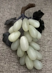 Vintage Chinese Hand Carved Alabaster Grape Cluster Fruit with Jade Leaves - Picture 1 of 8