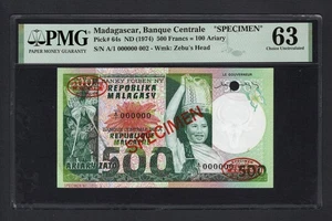 Madagascar 500 Francs = 100 Ariary ND(1974) P64s Specimen N002 Unc Grade 63 - Picture 1 of 2