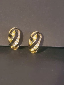 Vintage Clip-On Earrings Black Enamel Rhinestone Twist Gold Tone Glam 80s 90s... - Picture 1 of 5