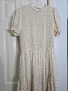 Cottagecore Peasant Maxi Dress LG Floral Smock Ruffle Tier Puff Sleeve Pockets - Picture 1 of 8