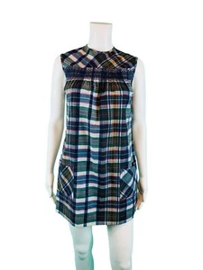 Vintage 60s Mod Dress Women's Extra Small Blue Plaid Mini Smocked Mini - Picture 1 of 10