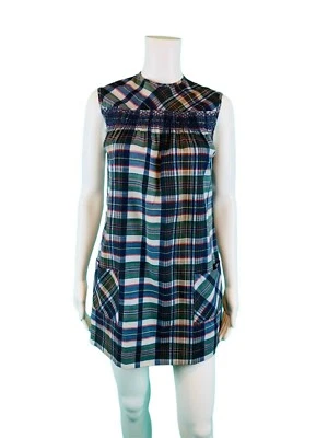 Vestido Mod Vintage Años 60 Para Mujer Extra Pequeño Azul A Cuadros Mini Calado Foto 1 de 4