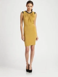 Robert Rodríguez Vestido Lápiz con Cuentas Shirred Caléndula Delgado Cuentas Brillantes Mostaza - Imagen 1 de 11
