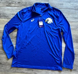 Asics Mens Pullover Large Blue White Shirt Quarter Zip Mock Neck Sports Eagle - Picture 1 of 3