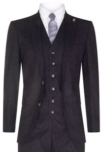 Traje retro de lana tweed negro de 3 piezas para hombre años 20 persianas pico clásico a medida - Imagen 1 de 8