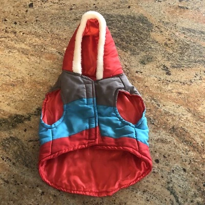 Dog Puffer Vest Winter Coat Red Blue Grey Size S Hooded with Faux Fur - Image 1 of 4