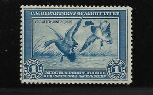US Scott #RW1 mint hinged $1 blue 1934 Mallards Alighting Duck Stamp og f/vf