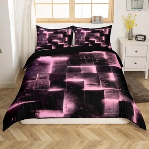 Black Pink Abstract Comforter Cover Gradient Square Bed Set, Geometry Grid Queen - Picture 1 of 6