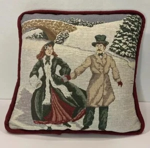 Vtg Winter Skating Scene Tapestry Throw Pillow Holiday Decor 12”x12” Reversible - Picture 1 of 5