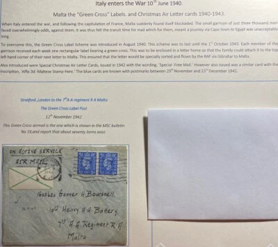 1942 Stratford England Airmail Cover Green Cross On Active Service To Malta - Image 1 of 3