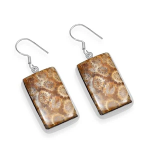 Fossil Coral Gemstone 925 Sterling Silver Handmade Earrings For Women & Girls - Picture 1 of 1