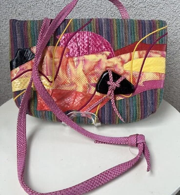 Bolso Vintage Carlos Fiori Hombro Rosa Multicolor Cuero Tela Foto 1 de 4