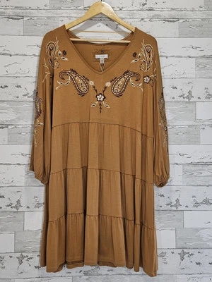 Cupio Womens Long Sleeve Tiered Tunic Mini Dress 1X Embroidered Brown Sugar - Image 1 of 4