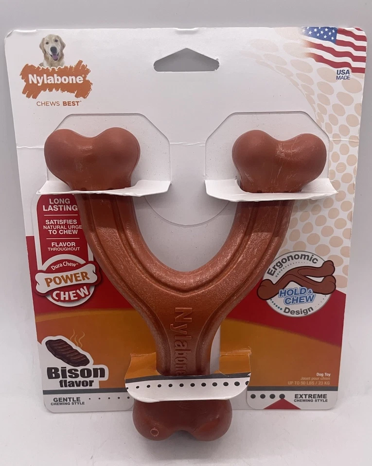 Juguete para masticar perro gigante Nylabone Wishbone GRANDE - hasta 50 libras sabor bisonte **NUEVO** Foto 1 de 1