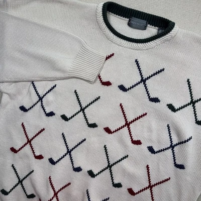 VINTAGE Lord & Taylor Cream Sweater Men X-Large Golf Club Design Knit Cotton - Image 1 of 4
