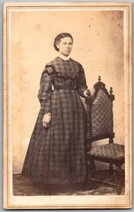 CDV Circa 1860s E. Codding Young Lady In Plaid Dress Knoxville Illinois - Picture 1 of 4