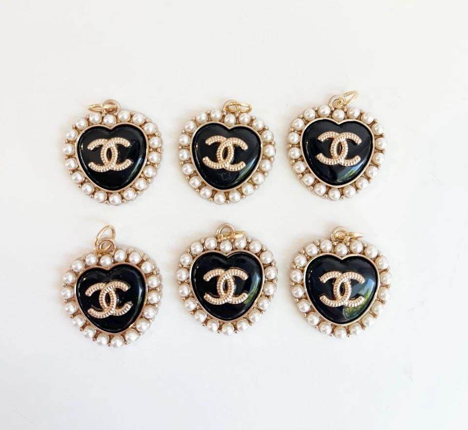 Vintage CC Designer Black Heart Pearl Pendant Charm STAMPED | 6 PC BundleC - Image 1 of 3