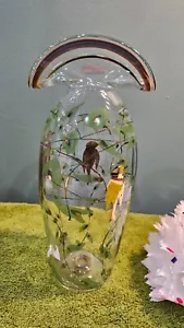 VERA WALTHER ART GLASS VASE - GOLD BIRDS W/GREEN LEAVES - HAND BLOWN - SIGNED - Picture 1 of 11