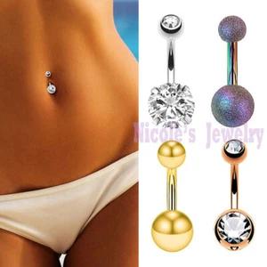 14g Surgical Steel Plain Double Gem Belly Bar Button Prong Navel Ring Piercing - Picture 1 of 20