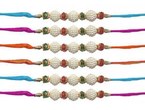 6 Rakhi Thread Raksha Bandhan Multicolour White Bead Dora Bracelet Hindu Festiva - Picture 1 of 2