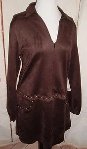Liberty Garden Brown Shift Dress Faux Suede Metal Trim Long Sleeve Lagenlook L - Picture 1 of 4