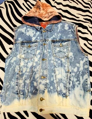 Vtg CHAPS Denim Biker Vest, Acid Wash Sz Larg. Hooded,Lined 100% Cotton. VG - Изображение 1 из 4