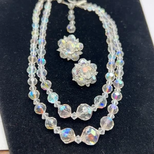 Vintage 2 Strand Faceted AB Glass Crystal 14”-16” Necklace & Clip On Earring - Picture 1 of 6