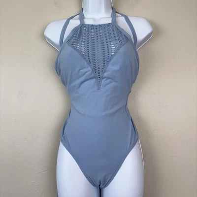 Traje de baño Robin Piccone para mujer 8 Sophia One Piece Crochet Laser Cut Out Blue Foto 1 de 4