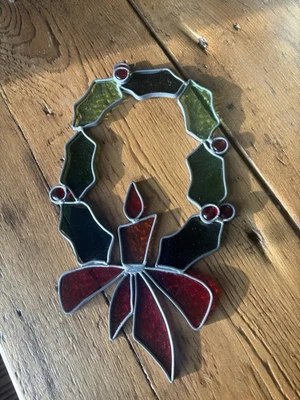 Винтажный ручной работы витраж праздничный венок свеча Рождественский бант большой  - Изображение 1 из 4