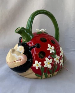 Blue Sky Clayworks Heather Goldminc Lady Bug Flowers Ceramic Tea Pot - Picture 1 of 12