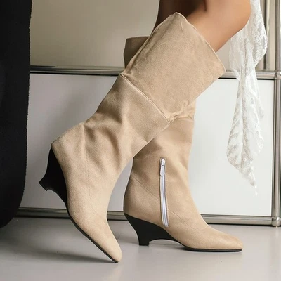 Botas hasta la rodilla para mujer punta puntiaguda 6 cm tacón de cuña caballero media pantorrilla botas moda Foto 1 de 4