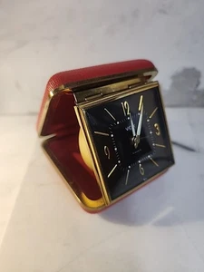 Vintage 1950s VOX German Travel/Folding Case Alarm Clock, 2 Jewels- Black/Brass - Picture 1 of 7