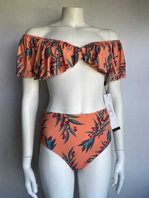 PATBO Bikini UK M Heli Coral Off The Shoulder Top High Waist Bottoms - Image 1 of 4