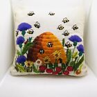 Vintage Handmade Embroidered Throw Pillow with Flowers Honeybees