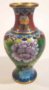 Vintage Chinese Cloisonne Vase Red Pink Peony 5.25 Inch - Picture 1 of 9