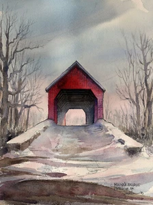 Mood's überdachte Brücke, Perkasie PA. Schnee bei Sonnenuntergang. James Mann Aquarell Notizkarten - Bild 1 von 2