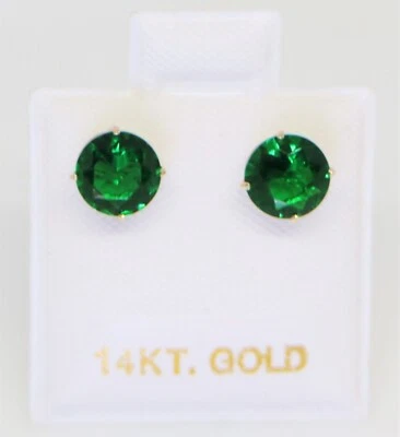 14K Solid Yellow Gold 6mm Lab-Created Emerald Quartz Screw Back Stud Earrings - Image 1 of 4