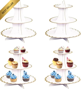 4 Pack Round Cardboard Cake Stand White Gold 3 Tier Dessert Display - Picture 1 of 12