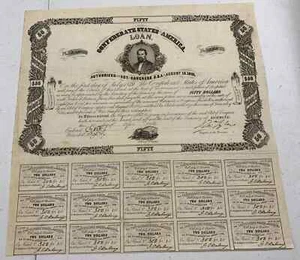 Type 57, Ball 71, 1862 $50 Confederate States of America Loan w/ 15 coupons - Picture 1 of 2