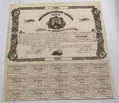 Type 57, Ball 71, 1862 $50 Confederate States of America Loan w/ 15 coupons - Image 1 of 2
