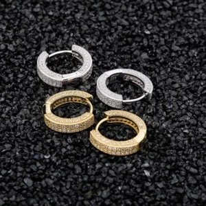 Women Men 14K Gold Plated 925 Sterling Silver Iced Cz Huggie Hoop Earring - Picture 1 of 15