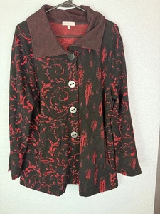 Habitat Jacket Womens Medium Black Red Knit Button Front Textured Collar Artsy - Picture 1 of 10
