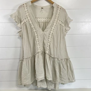 Free People Tunika Top Damen klein creme gestreift bestickt Boho Rüschen Baumwolle - Bild 1 von 13