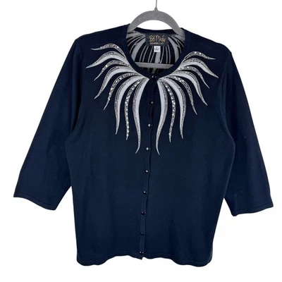 Cárdigan Bob Mackie Negro Plateado Bordado Cuentas Manga 3/4 Abotonado Talla L Foto 1 de 4