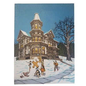 H Hargrove Gemälde Schneemann & Kinder Wintertag signiert Kunst Leinwandbild 17" - Bild 1 von 4