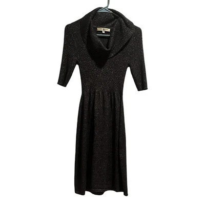 Vestido Suéter Evan Picone Para Mujer Pequeño Negro Manga Corta Hasta la Rodilla Capucha Cuello Foto 1 de 4