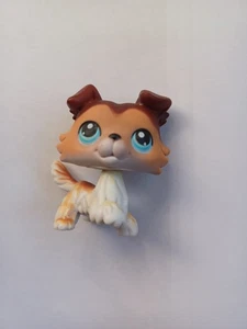 AUTHENTIC. Littlest Pet Shop LPS #58 #058 Brown White Collie Dog Paw Up Blue Eye - Picture 1 of 5