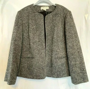 ORVIS 100% Wool Collarless Open Front Jacket Black & White Tweed Women's Sz 12 - Picture 1 of 8